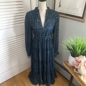 ELAN Dress Medium Green Maxi Tiered Long Sleeve Bohemian Festival Prairie